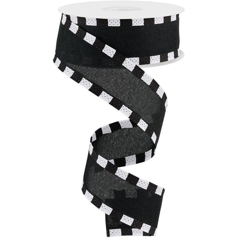 1.5″ Faux Royal Burlap/Stripe Edge Ribbon: Black (10 Yards)