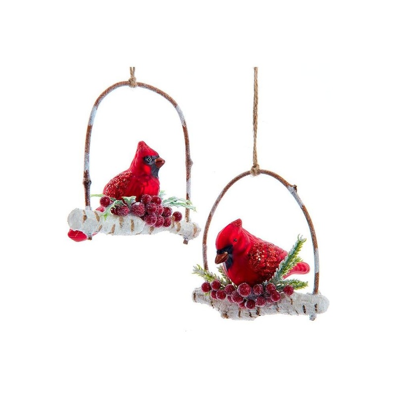 4″ Glass Birch Berries Cardinal On Branch Ornament