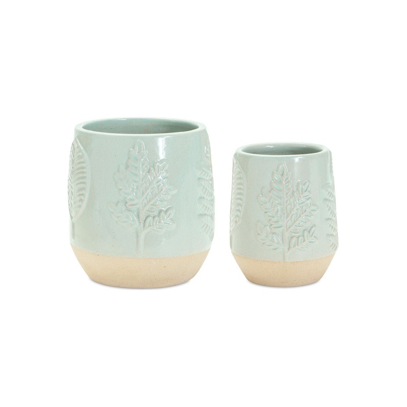 5″ Mint Green Leaf Design Planter Vases (Set of 2)