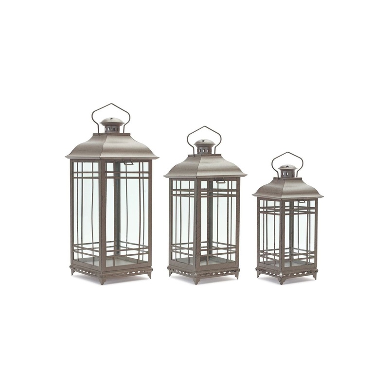 Antique Grey Metal and Glass Lanterns (Set of 3)