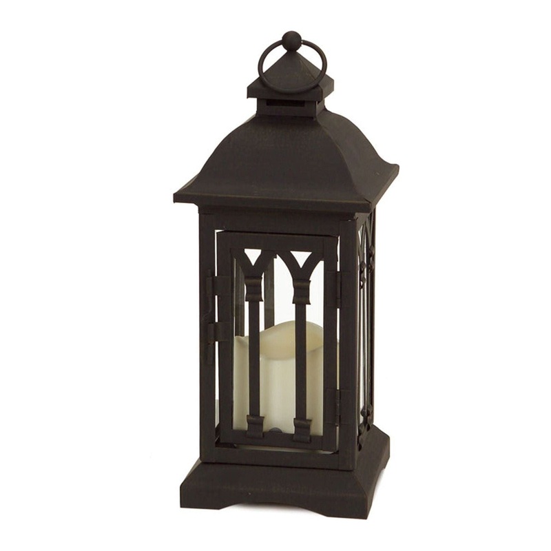 Black Arch Patterned Lantern with LED Candle (Set of 2)