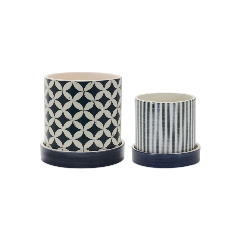 Blue Geometric and Striped Planter (Set of 2)