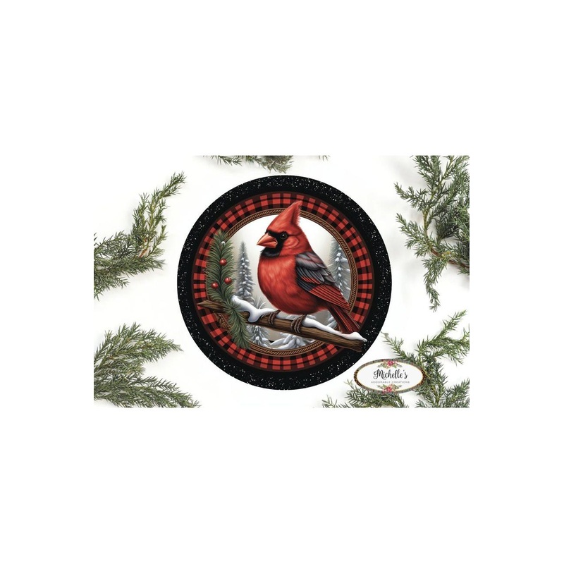 Buffalo Plaid Cardinal Round Sign – Wreath Enhancement