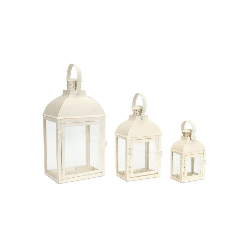 Cream White Iron Metal and Glass Lanterns (Set of 3)