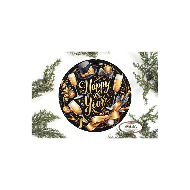 Happy New Year Top Hat Round Sign – Wreath Enhancement