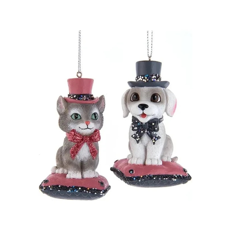 Pink and Pewter Dog or Cat On Pillow Ornament