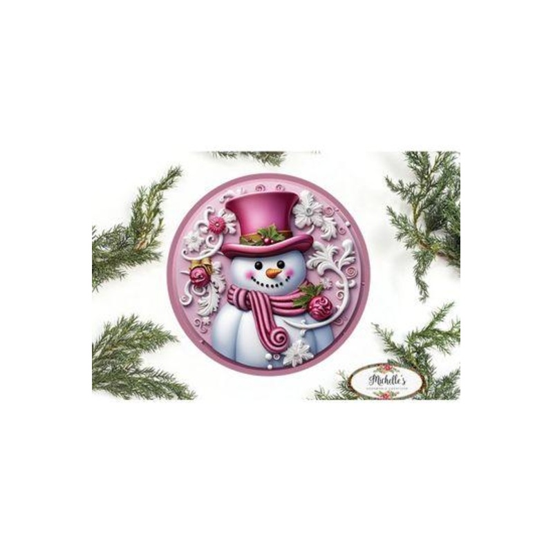 Pink Snowman Top Hat Round Sign – Wreath Enhancement