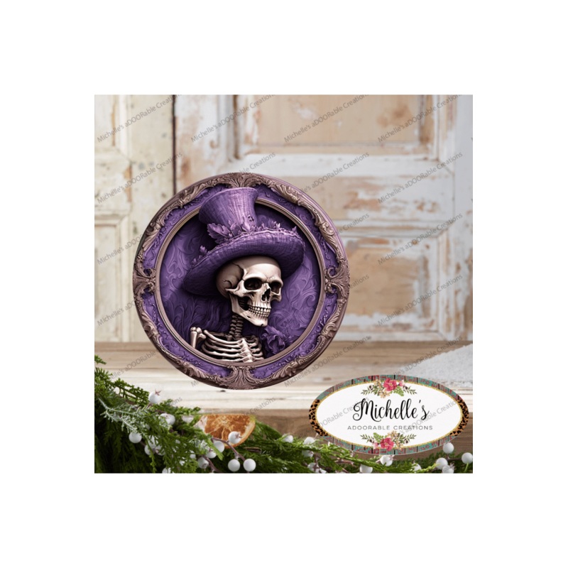 Purple Top Hat Skeleton Portrait Sign