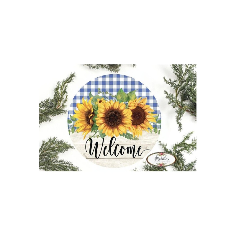 Sunflower Welcome Blue Plaid Round Sign