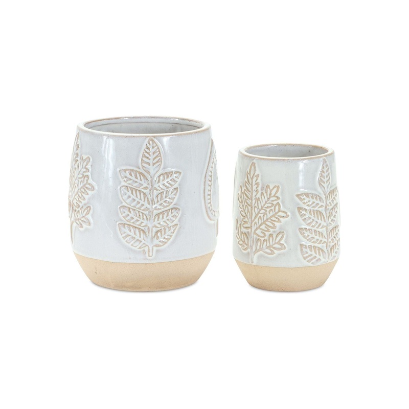 Two Tone Porcelain Planter with Leaf Design (Set of 2)