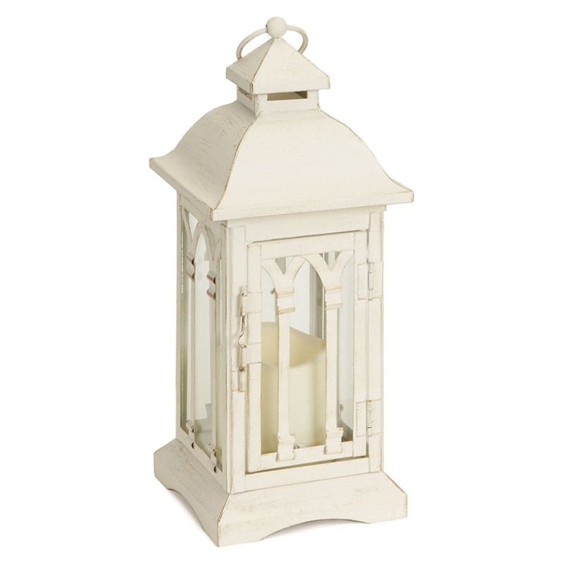 White Arch Patterned Lantern with LED Candle (Set of 2)