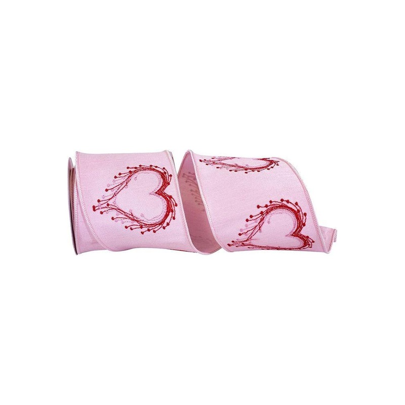 4″ Heart Embroidery Dupioni Ribbon: Pink (10 Yards)