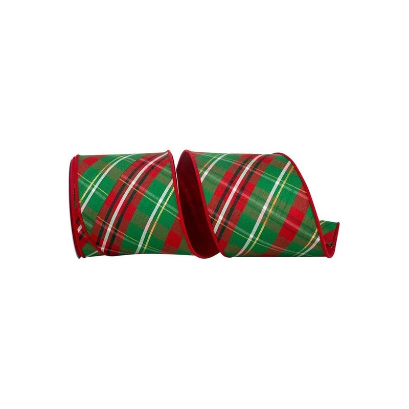 4″ Plaid Dupioni Verde Diagonal Ribbon: Red/Green (10 Yards)