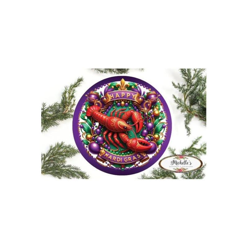 Happy Mardi Gras Crawdad Round Sign – Wreath Enhancement
