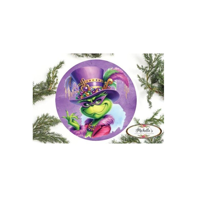 Mardi Gras Green Monster Round Sign – Wreath Enhancement