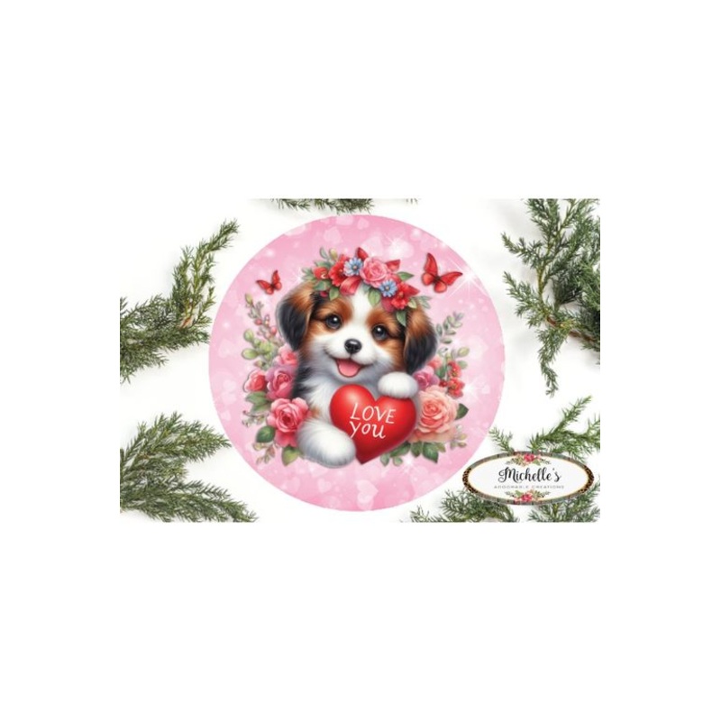 Valentine Love You Puppy One Round Sign – Wreath Enhancement