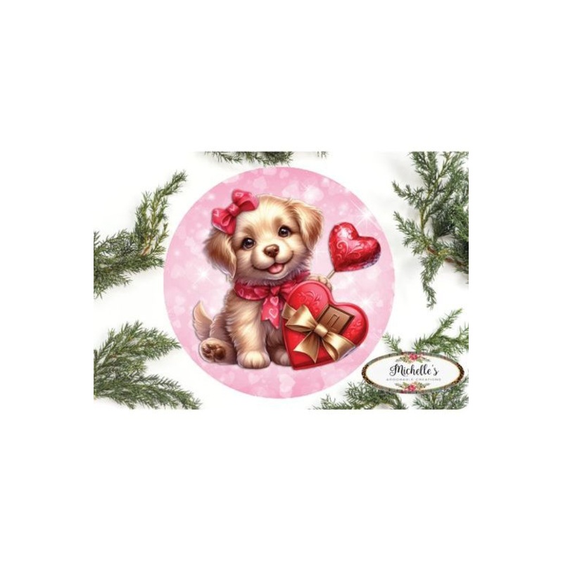Valentine Puppy Candy Hearts Round Sign – Wreath Enhancement