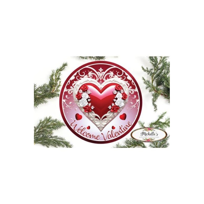 Welcome Valentine White Heart Round Sign – Wreath Enhancement