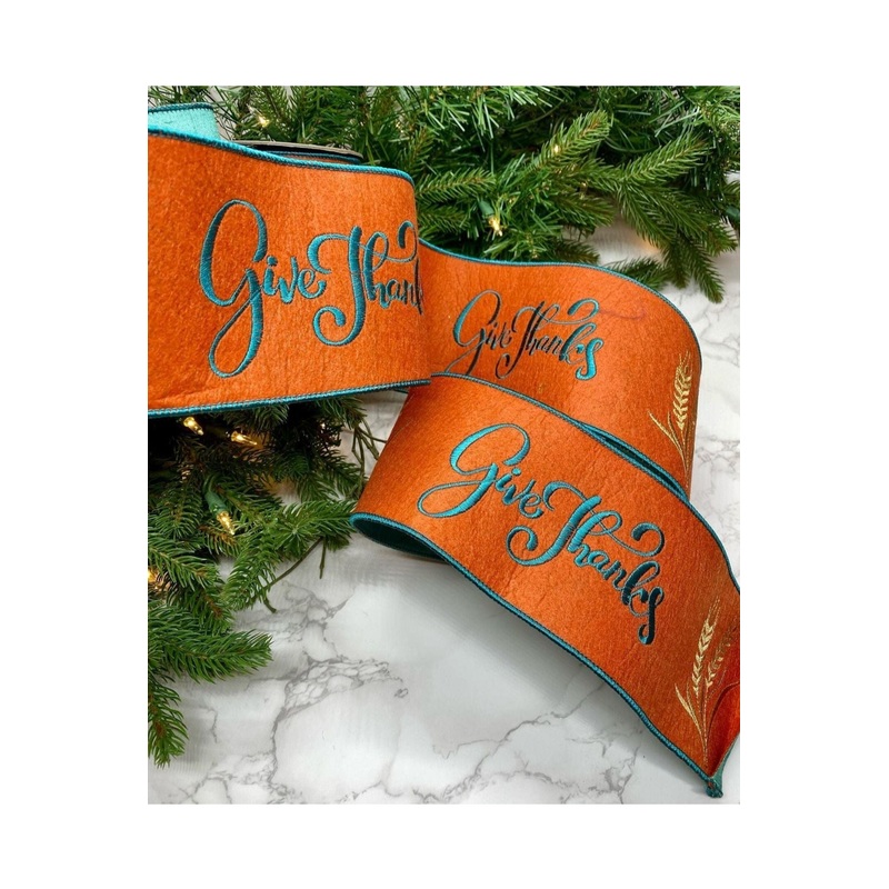 4″ Embroidery Give Thanks Felt Ribbon: Orange (5 Yards)