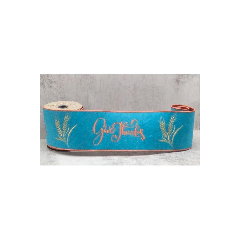4″ Embroidery Give Thanks Felt Ribbon: Teal (5 Yards)