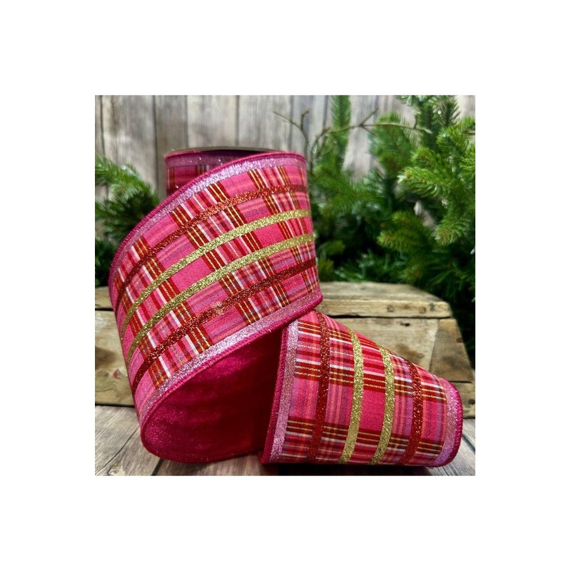 4″ Faux Dupion Plaid Glitter Ribbon: Red, Pink and Gold (5 Yards)