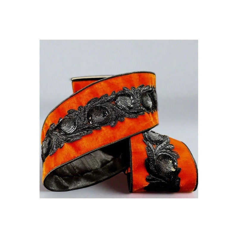 4″ Velvet Black Floral Sequin Ribbon: Orange (5 Yards)