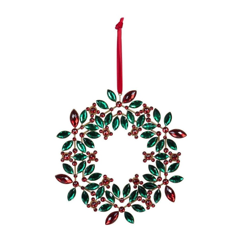 9.5″ Jeweled Holly Wreath Ornament: Red/Green