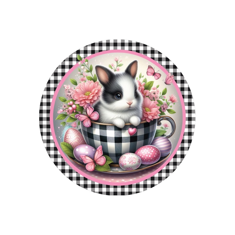 Black Check Easter Spring Bunny Teacup Sign