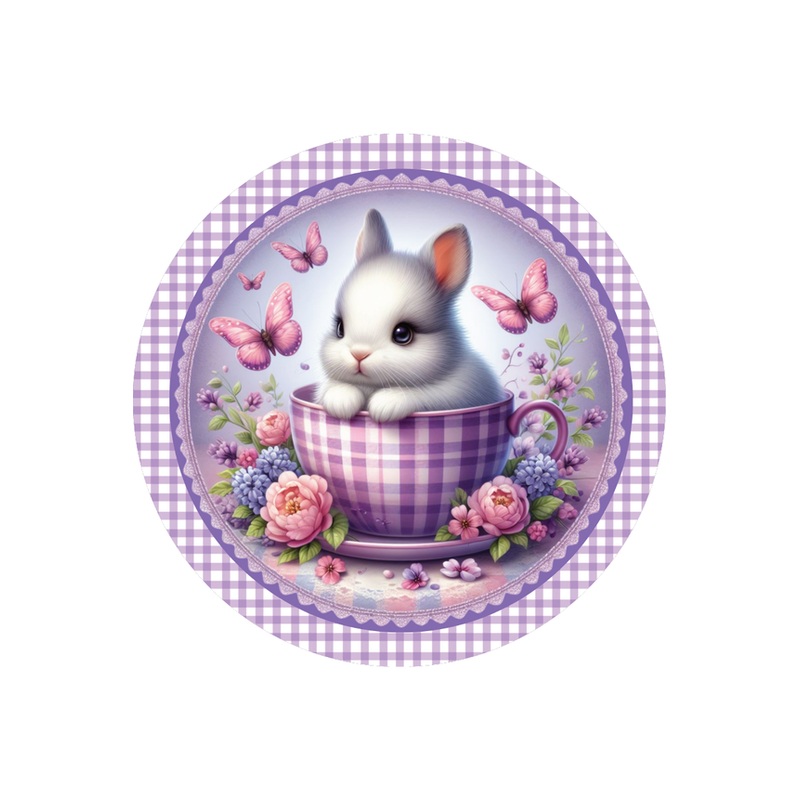 Purple Plaid Check Easter Spring Bunny Teacup Sign