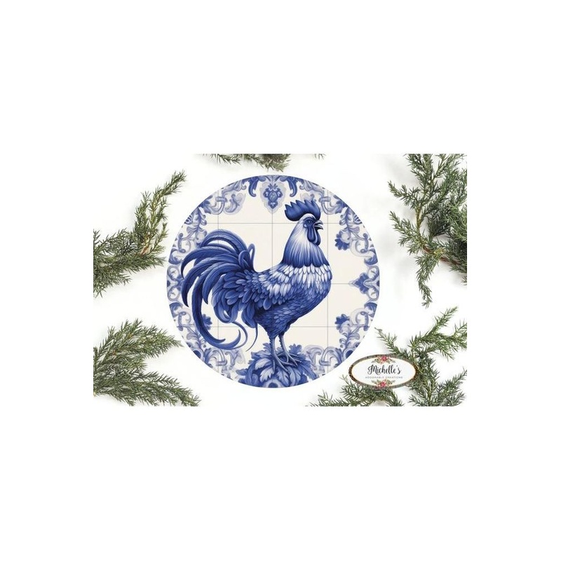 Blue Azulejo Rooster Round Sign