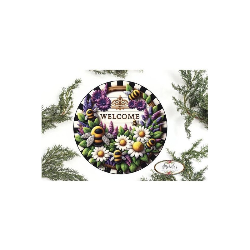 Welcome Floral Bumblebee Round Sign