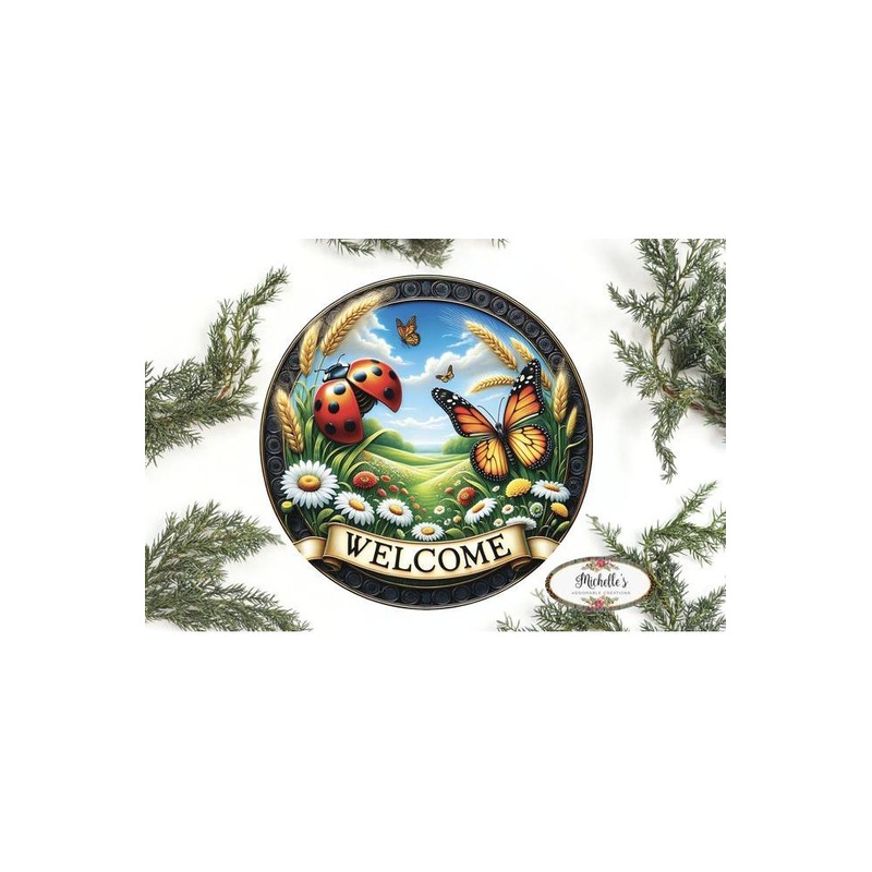 Welcome Ladybugs and Butterflies Round Sign