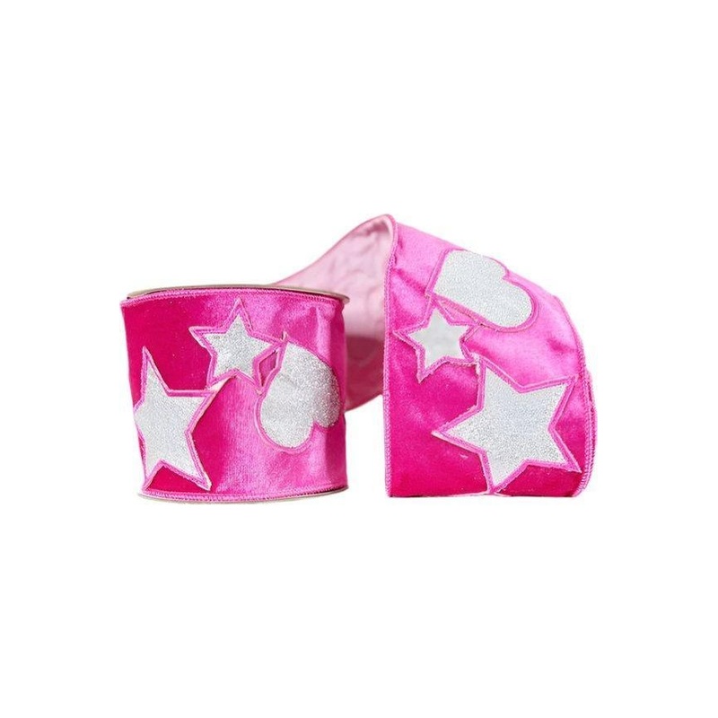 4″ Hearts and Stars Velvet Ribbon: Hot Pink (5 Yards)