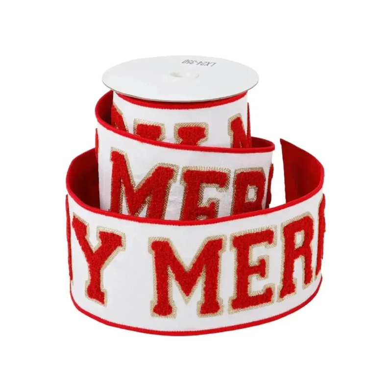 4″ Merry Dupion Backed Ribbon: White/Red (5 Yards)