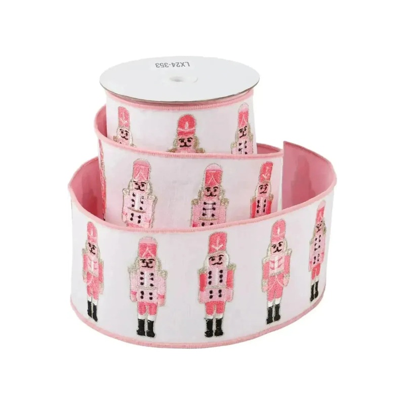 4″ Nutcracker Pink Dupion Ribbon: White (5 Yards)