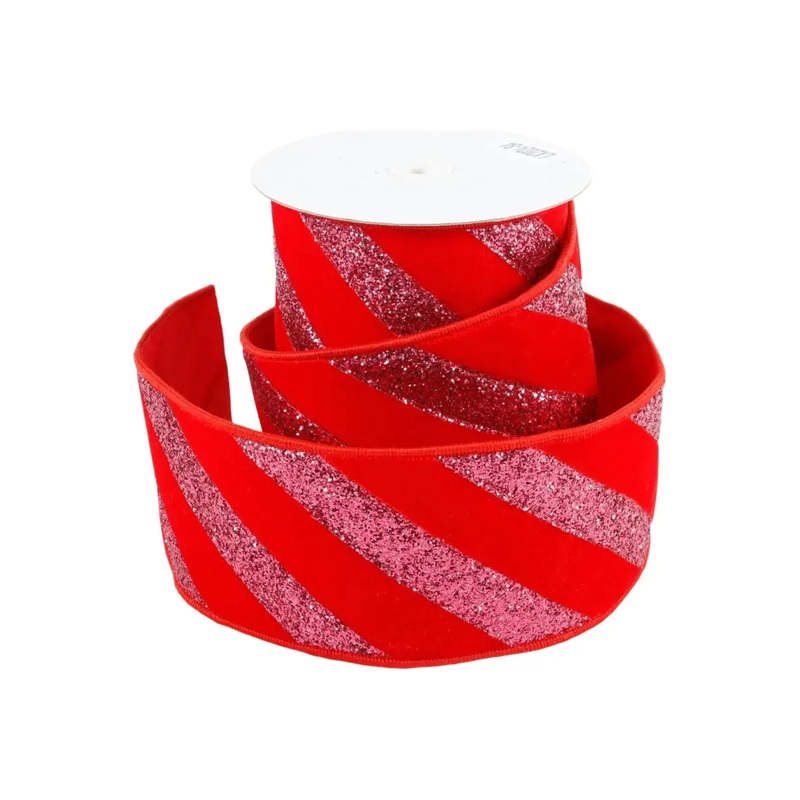 4″ Red Velvet Glitter Stripe Ribbon: Pink (5 Yards)