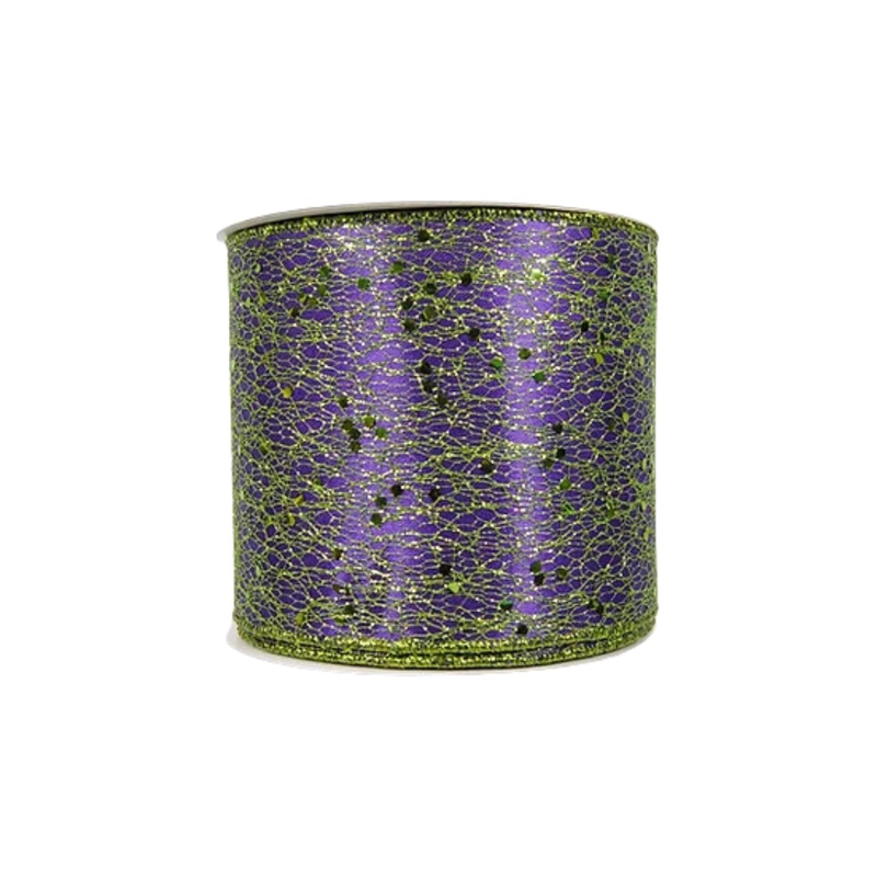 4″ Spider Web Lime Tinsel Ribbon: Purple (10 Yards)