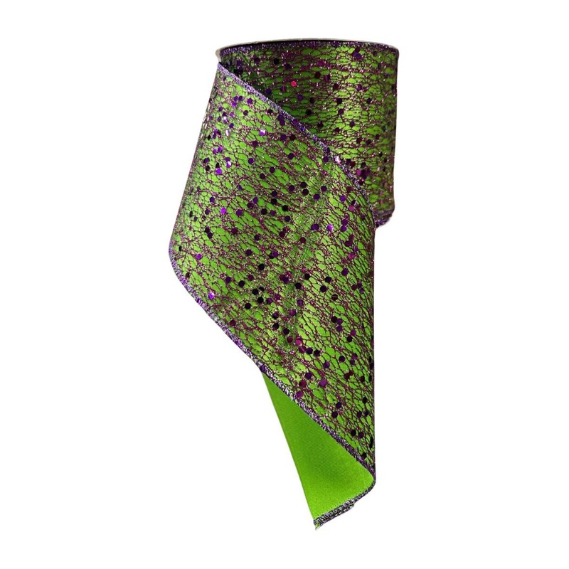 4″ Spider Web Purple Tinsel Ribbon: Lime (10 Yards)