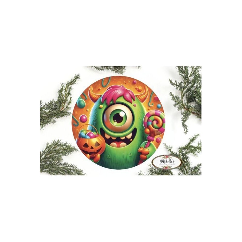 One Eyed Green Candy Halloween Monster Round Sign