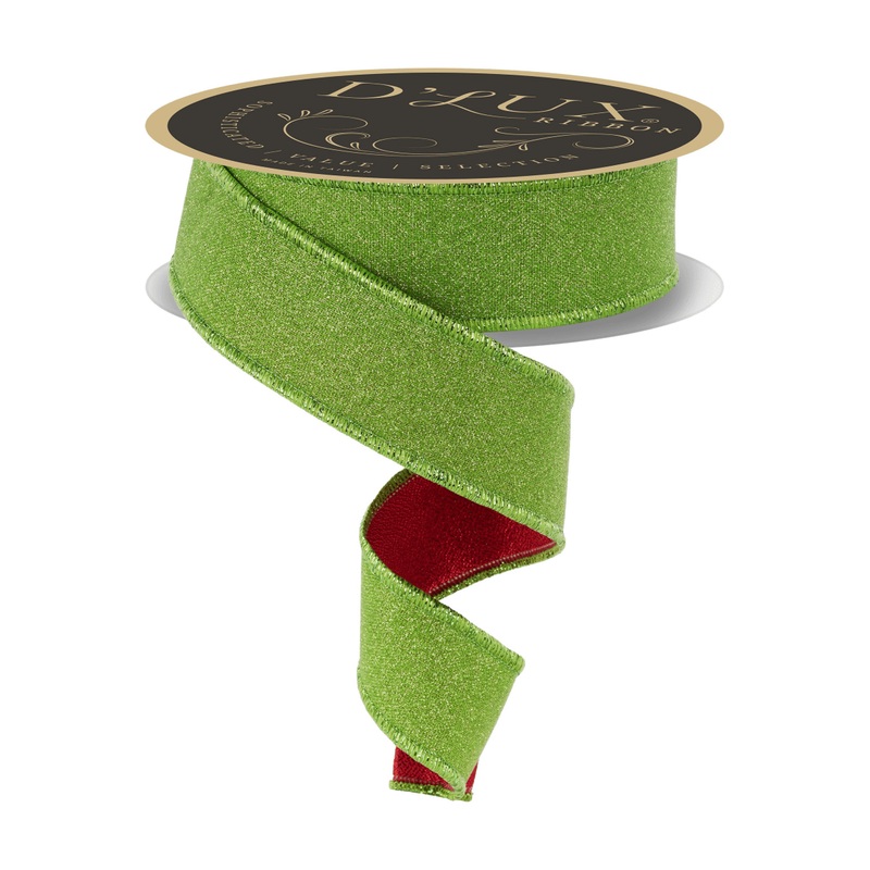 1.5″ Fine Glitter Fused Back Ribbon: Fresh Green/Red (10 Yards)