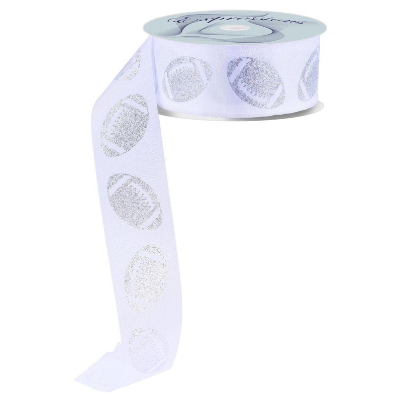 1.5″ Glitter Football Ribbon: White/Silver (100 Feet)