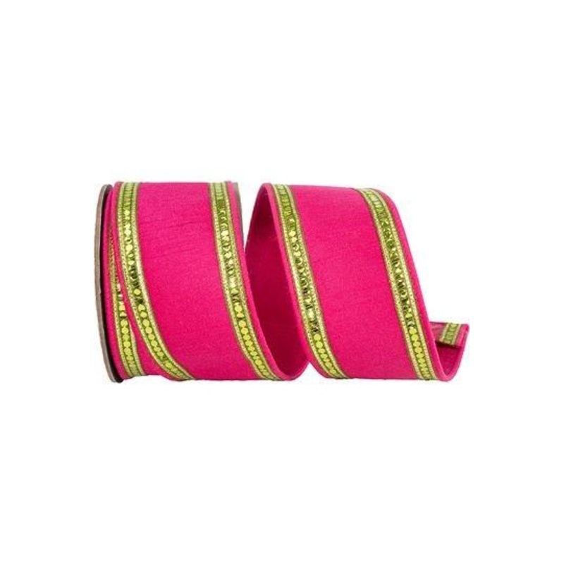 4″ Sequin Trimmed Dupioni Ribbon: Lime/Pink (5 Yards)