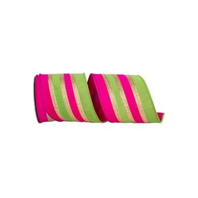 4″ Stripe Trimming Overlay Ribbon: Lime/Pink (5 Yards)