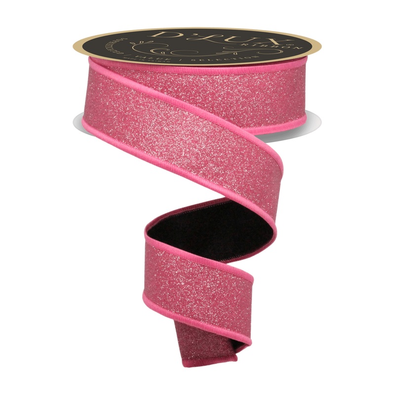 1.5″ Fine Glitter Fused Back Ribbon: Fuchsia/Black (10 Yards)