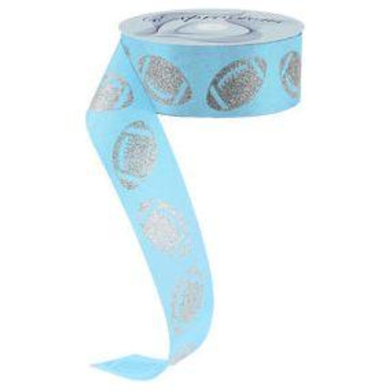 1.5″ Glitter Football Ribbon: Columbia Blue/Silver (100 Feet)