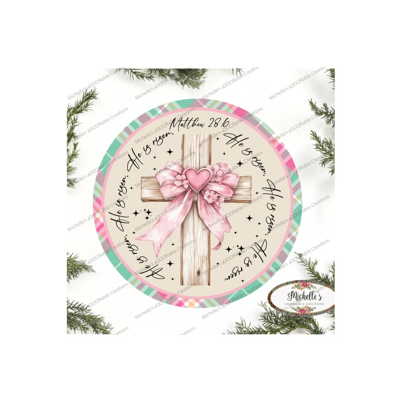 Pastel Plaid He Is Risen Cross Round Sign