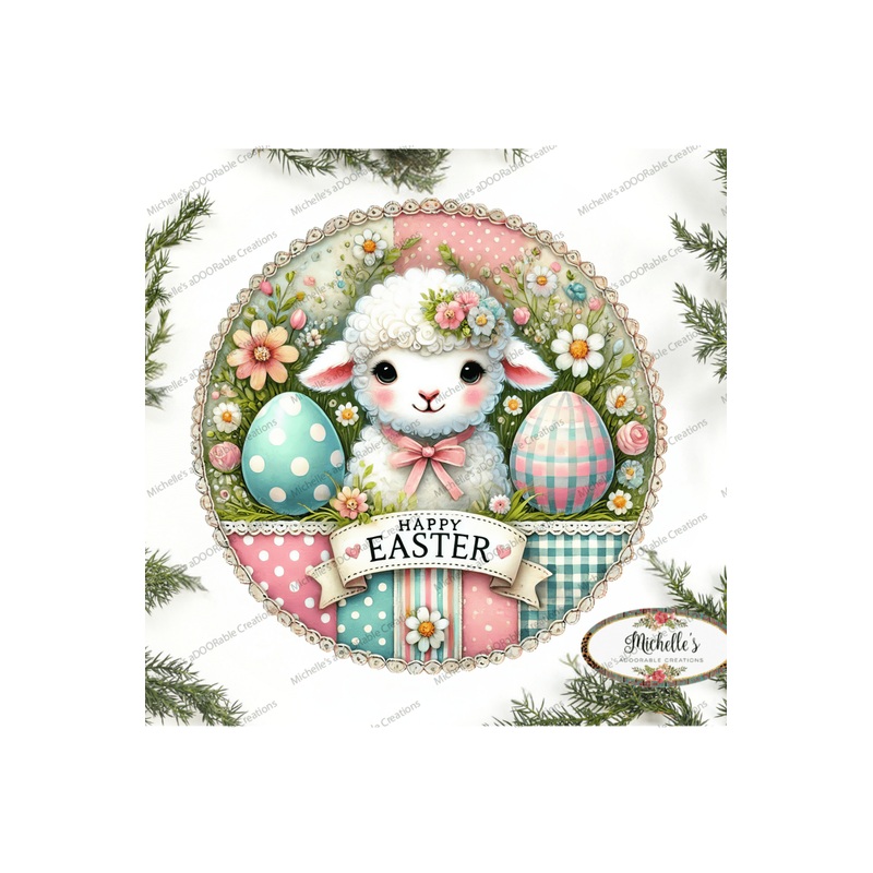 Vintage Happy Easter Lamb Round Sign