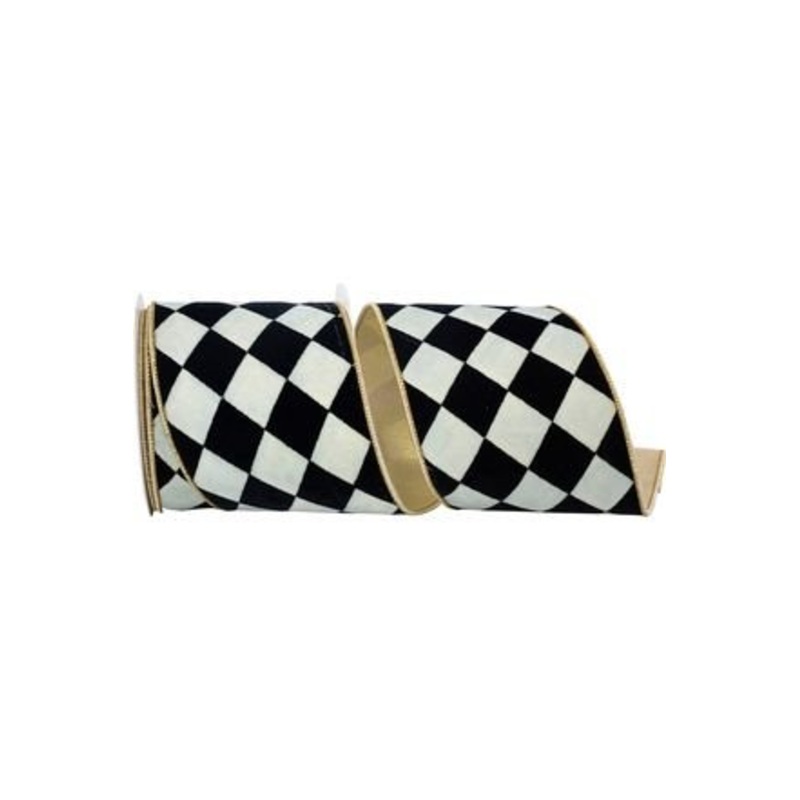 4in Harlequin Velvet Ribbon: Black/White (10 Yards)