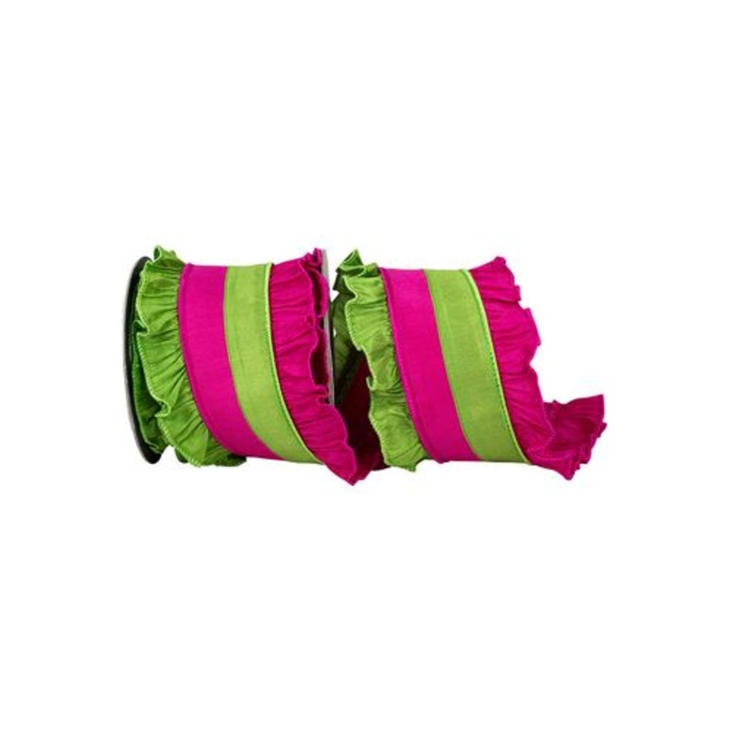 4in Ruffle Festivity Dupioni Ribbon: Citrus/Fuchsia (5 Yards)