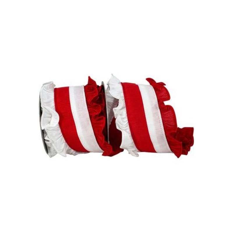 4in Ruffle Festivity Dupioni Ribbon: Red/White (5 Yards)